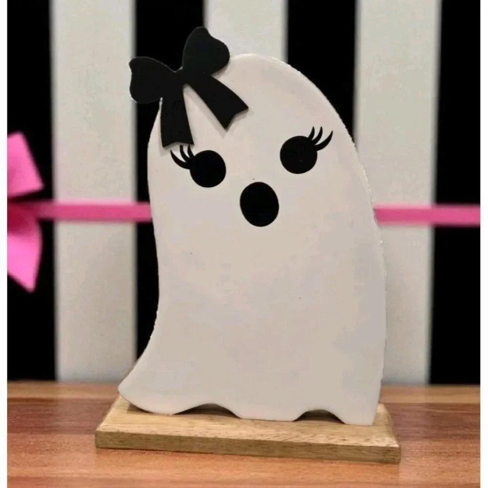 New White & Black Wood Halloween Table Girly Ghost Holiday Decor